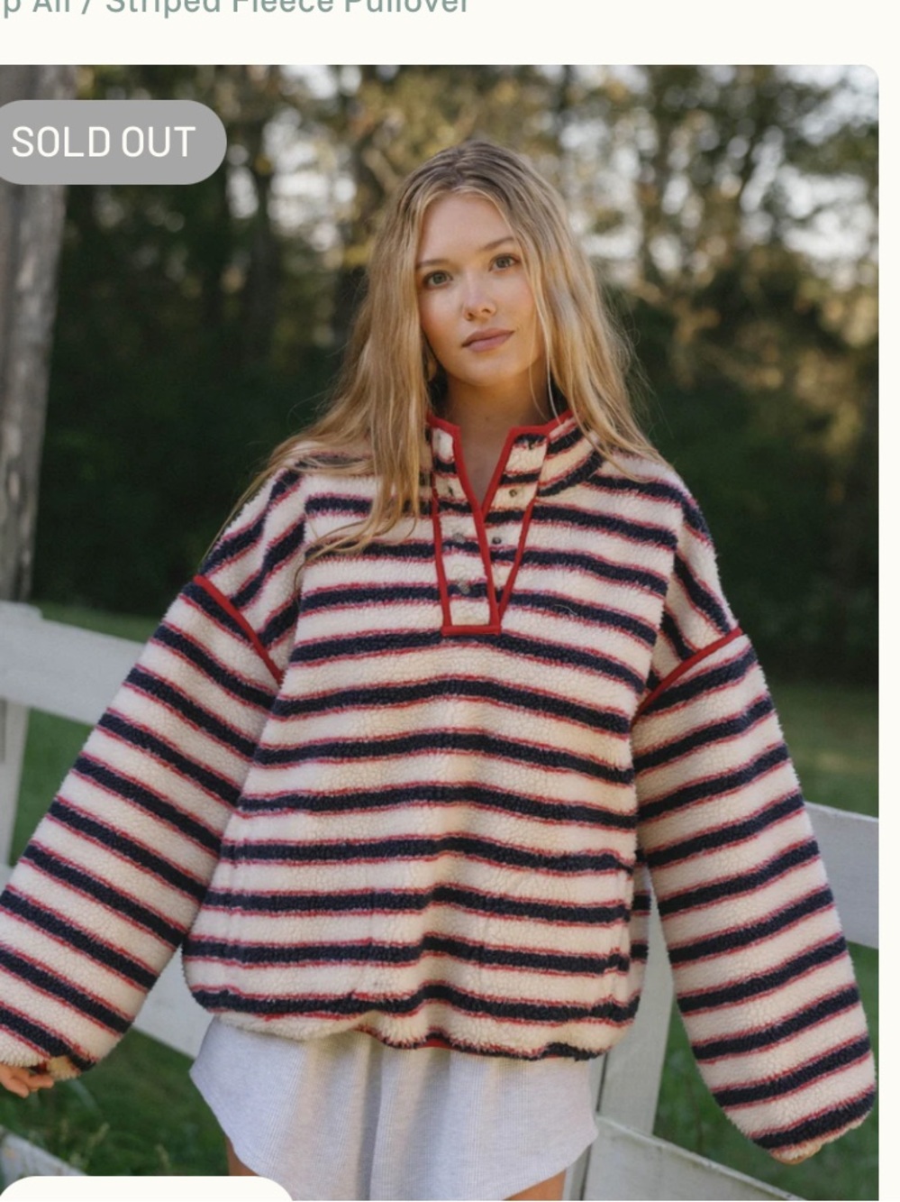 Eleven Eleven Red Blue Cream Striped Fleece Pullover Hoodie